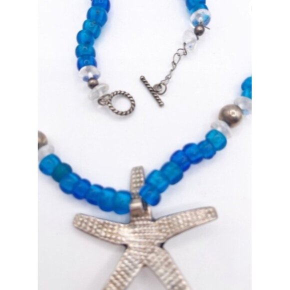 Silver Starfish Pendant Necklace Blue Glass Bead Coastal Nautical Statement - Picture 7 of 13